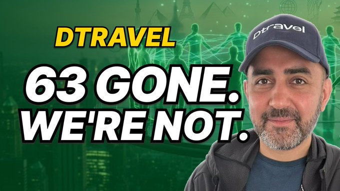 A YouTube thumbnail shows a man wearing a 'Dtravеl' cap next to text reading 'DTRAVEL 63 GONE. WE'RE NOT.'
