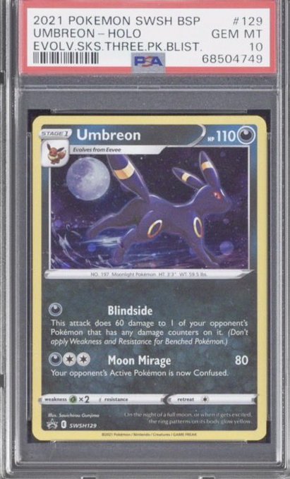 The image shows a Pokémon trading card, specifically an Umbreon card, placed inside a clear plastic sleeve. The card has a black background with white text that reads "Umbreon", "Gem MINT", and "10s". It also features a picture of the Pokémon character on the front. The post mentions that this card was pulled from a collection of cards at Courtyard Pools International, which is worth noting as it indicates the rarity or value of the card.