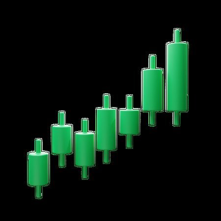 A simple 3D rendering of a green candlestick chart showing an upward trend against a black background.