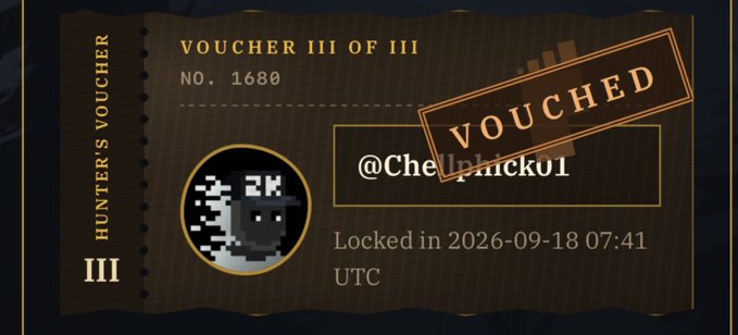 A "Hunter's Voucher" (III of III, No. 1680) stamped "Vouchered" is displayed with the username @Chefphick01, locked in on 2026-09-18 07:41 UTC. The voucher represents a collectible or redeemable item likely given or received as part of a kind NFT exchange, matching the post's tone of gratitude toward @PyoNft and the playful invitation to celebrate with @BITFOOTS_.