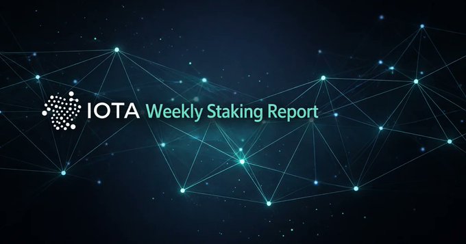 A dark blue graphic with a network/node design featuring the IOTA logo and text 'IOTA Weekly Staking Report'.