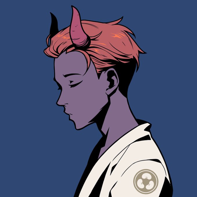 A stylized illustration shows a horned, purple-skinned character in profile with pink hair, wearing a white robe featuring a tomoe symbol on the shoulder, set against a blue background.