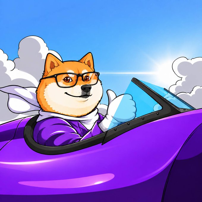 An illustration shows a Shiba Inu dog wearing glasses, a white scarf, and a purple jacket, giving a thumbs-up while driving a purple convertible car against a blue sky.
