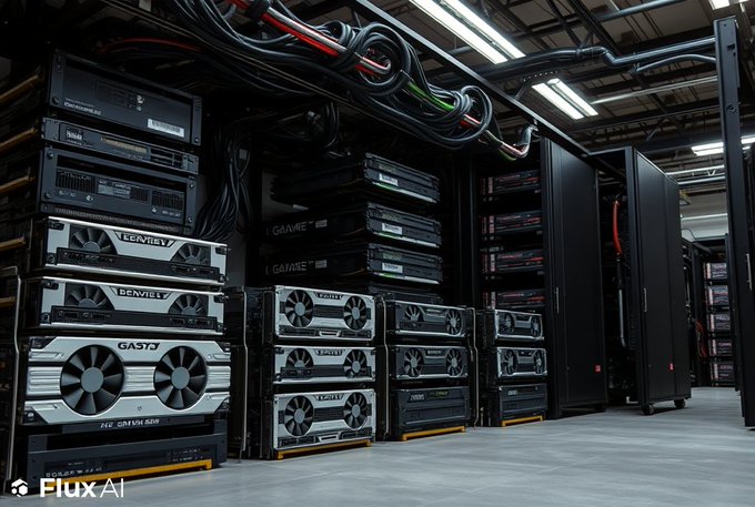 An image labeled "Flux AI" in the corner shows a data center filled with rows of black server racks and computer hardware with visible cooling fans and extensive cabling.