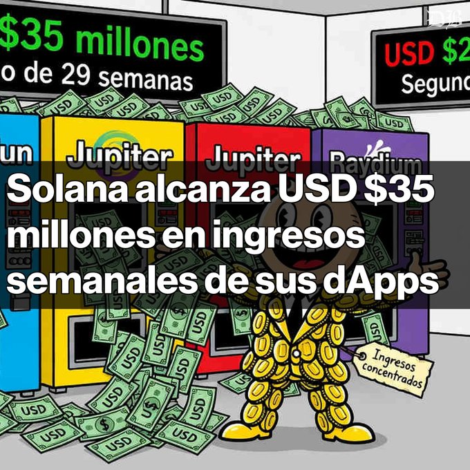 An infographic about Solana reaching $35 million in weekly dApp revenue, featuring cartoon vending machines for Jupiter and Raydium.