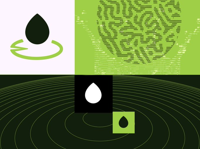 A logo composed of a black teardrop shape encircled by a green swoosh appears in multiple variations against green, white, and black backgrounds with digital patterns and concentric circle designs. The repeated branding visually represents a new crypto launchpad project launching on Robinhood's chain, with the imagery reinforcing its fee structure model inspired by Uniswap v3.