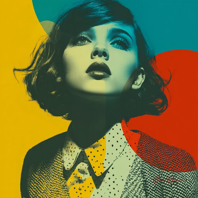 The image features a woman with short hair wearing a shirt that has polka dots, and she is looking up at something above her head. The background of the image is a mix of yellow, blue, red, green, and orange colors, creating an abstract and colorful backdrop for the photo. The post appears to be about a fashion or beauty topic, as indicated by the use of the word "Where Life Feels Bright" in the caption.