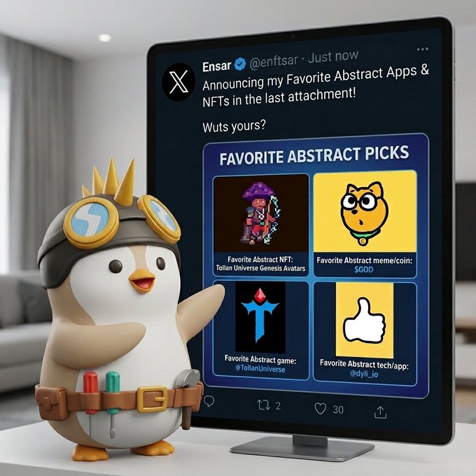 The image features a small figurine of a penguin wearing a helmet, standing next to a computer monitor displaying a social media post about abstract art. The post includes a list of favorite abstract art pieces along with a thumbs up symbol for approval. The text in the post reads "Favorite Abstract NFT: tollan universe Genesis Avatars Favorite Abstract meme/coin: @TollanUniverse Favorite Abstract tech/app: @dyli_io Wuts yours?".