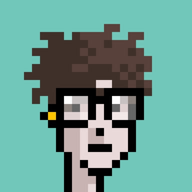 A pixel art portrait of a person with brown messy hair and glasses against a teal background.