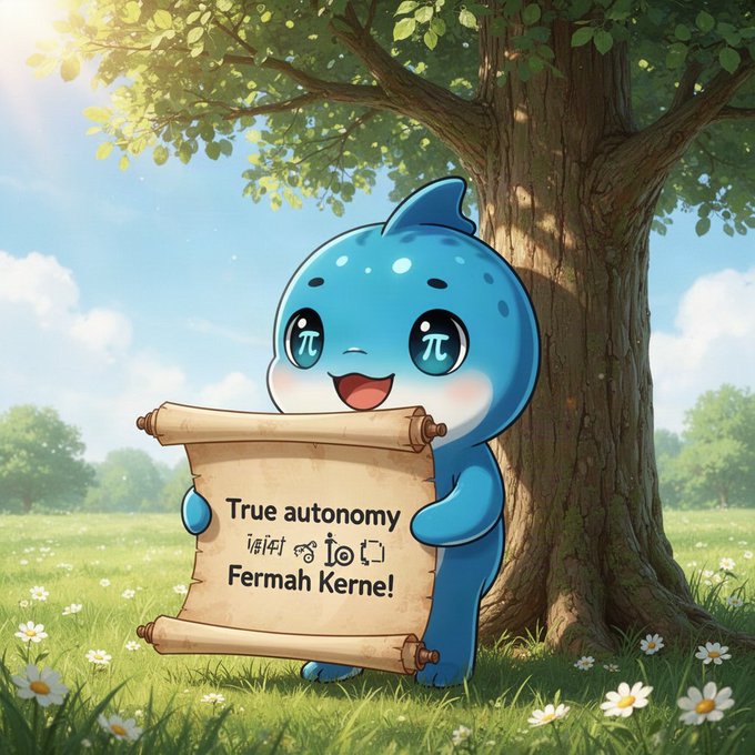 A cute blue cartoon mascot with pi symbols for eyes holds a scroll reading 'True autonomy Fermah Kerne!' under a tree.
