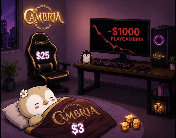 A cartoon gaming room themed around 'CAMBRIA' showing a sleeping penguin character, a gaming chair labeled '$25', a monitor showing '-$1000 PLAY CAMBRIA', and a bed cover labeled '$3'.