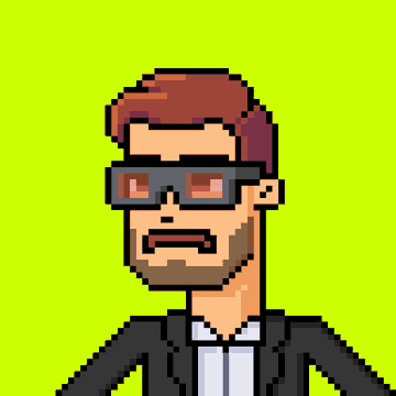 A pixel art character with brown hair and a beard, wearing dark sunglasses and a black suit, set against a lime green background.