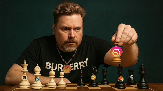 A man wearing a black 'BURBERRY' shirt and a crypto necklace sits at a chessboard where the pieces are branded with cryptocurrency logos including Bitcoin, Ethereum, Dogecoin, Monero, and Dash.