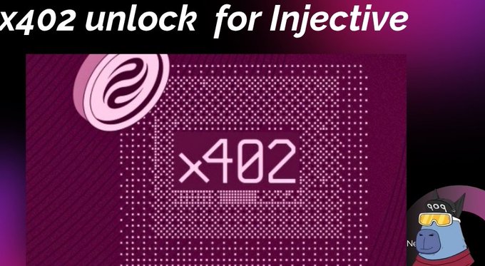 The image features a purple background with white text, which reads "X42 lock for injective" at the top of the screen. Below that, there's an illustration of a computer chip surrounded by dots, with the number "42" displayed on it. A cartoon character wearing sunglasses is also present in the scene. The post seems to be discussing the relationship between AI and the crypto space or possibly introducing a new narrative for the injective ecosystem.