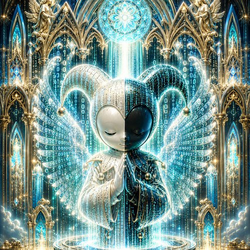 An intricate, glowing digital artwork depicting a figure split between white and black halves, wearing a mask and an elaborate feathered outfit made of binary code, set within a Gothic architectural background.