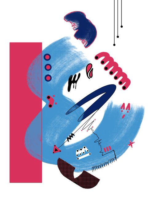 An abstract artwork featuring a swirling blue brushstroke, geometric shapes, and mechanical elements in red and dark blue, with no visible text, celebrating the secondary sale of "Blue Surge" between pixeloush and CrawfordCurates.