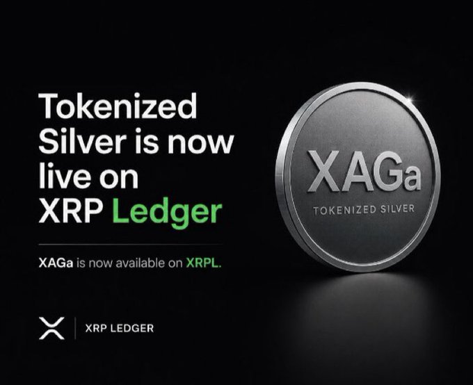A promotional graphic announcing 'Tokenized Silver is now live on XRP Ledger,' featuring a silver coin labeled 'XAGa Tokenized Silver' alongside the XRP Ledger logo.