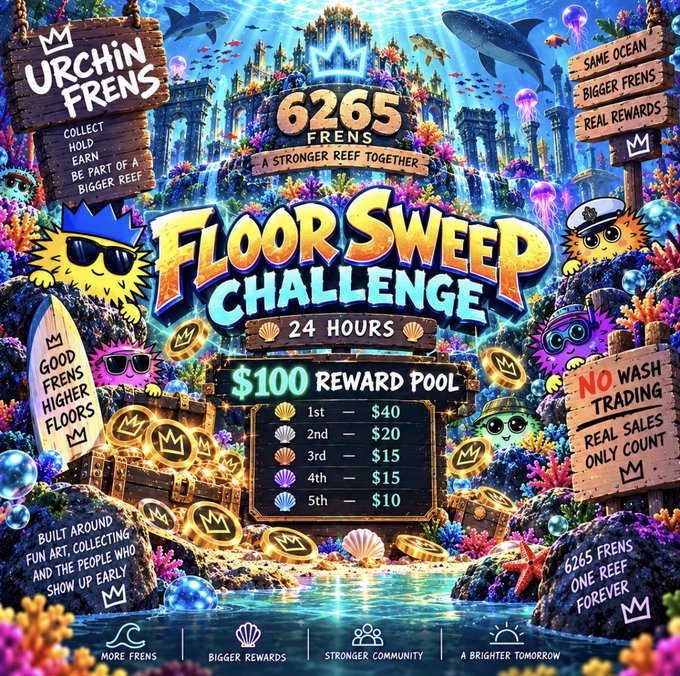 A colorful promotional graphic for 'Urchin Frens FLOOR SWEEP CHALLENGE' featuring cartoon sea urchins, a $100 reward pool, and details for a 24-hour event.