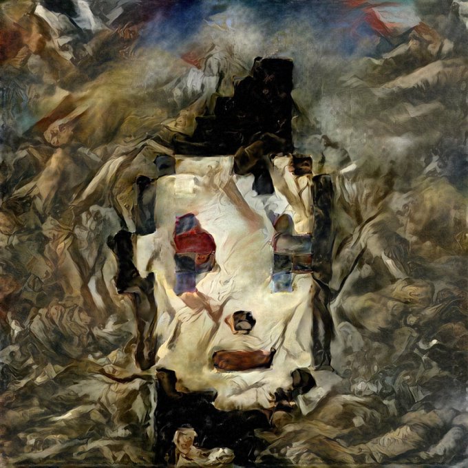 A dark, expressionistic oil painting featuring a central figure with a red turban in white robes surrounded by chaotic, swirling figures and stormy elements.