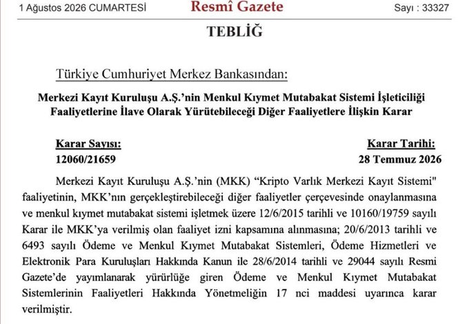 An official Turkish government announcement from Resmî Gazete dated 1 August 2026, concerning a Central Bank decision (Karar Sayısı: 12060/21659) regarding crypto asset custody services.