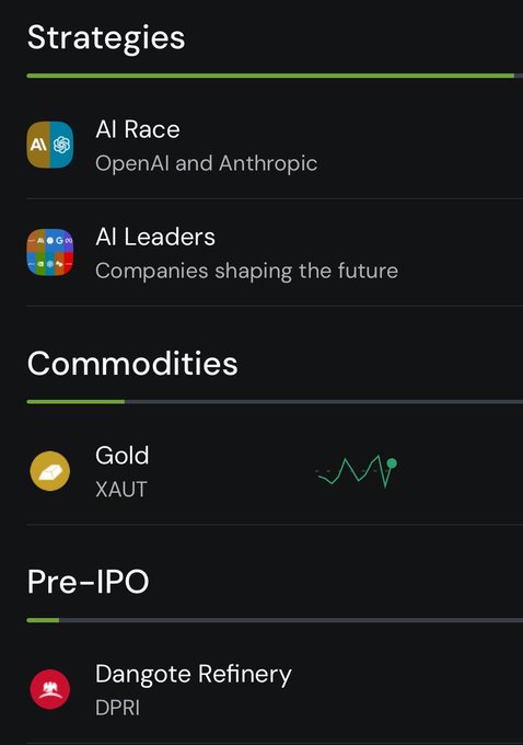A trading app interface showing categories including 'Strategies' (AI Race - OpenAI and Anthropic, AI Leaders), 'Commodities' (Gold XAUT), and 'Pre-IPO' (Dangote Refinery DPRI).