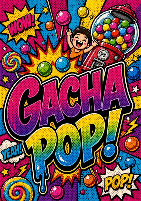 A vibrant pop-art style promotional graphic features a cartoon child excitedly reaching into a gumball machine filled with colorful balls, with "SFB" on the dispenser, surrounded by speech bubbles reading "WOW!", "YEAH!", and "POP!". The bold central text "GACHA POP!" ties into the giveaway theme, inviting Solana Fat Boys (SFB) community members to share their gacha pull wins and funny misses for a chance to win 0.25 SOL as one of six winners.