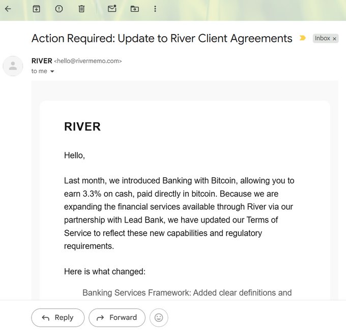 An email from RIVER (hello@rivermemo.com) titled 'Action Required: Update to River Client Agreements', announcing new 'Banking with Bitcoin' services offering 3.3% interest paid in bitcoin through a partnership with Lead Bank.