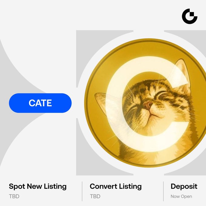 Promotional graphic for the upcoming $CATE token listing on Gate exchange, featuring a cat illustration inside a gold coin overlaid with the "C" logo, alongside a blue "CATE" label and details showing deposit is now open while spot new listing and convert listing dates are TBD.