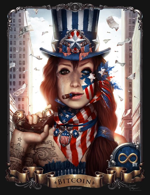 A patriotic-themed crypto artwork featuring a woman with an Uncle Sam top hat and face paint, smoking a cigar, with a banner reading 'BITCOIN' and an infinity symbol logo labeled 'BTC'.