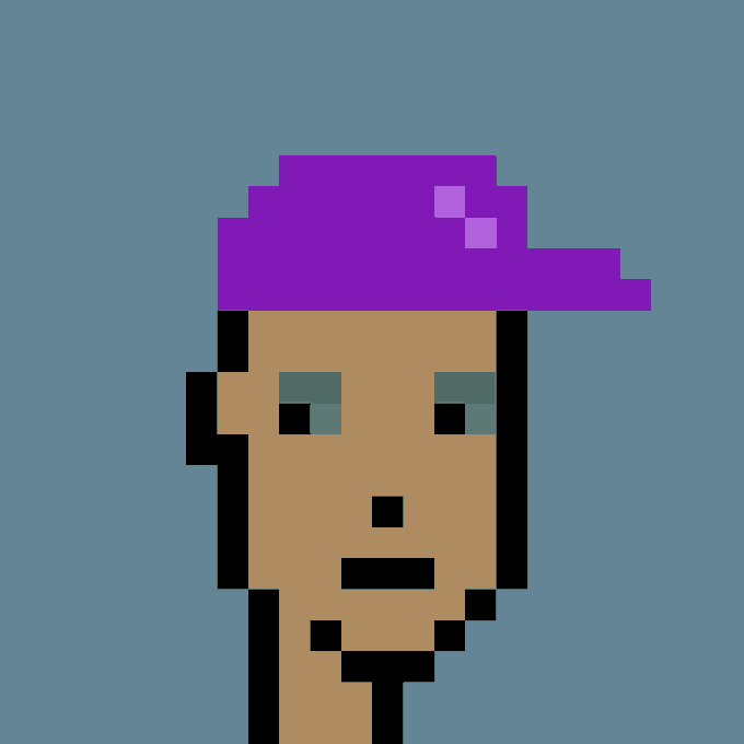 A pixel-art portrait of a person with tan skin, teal eyes, and a purple cap against a blue background.