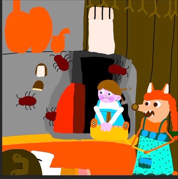A cartoon illustration showing a girl in a blue dress sitting on a pumpkin while a fox-like character in overalls stands nearby, with red spider-like creatures around a dark cave.
