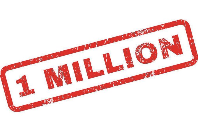 A red rubber stamp graphic with distressed edges displays the text '1 MILLION' on a white background.