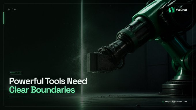 A green industrial robotic arm grips a heavy block amid dust particles, overlaid with the text "Powerful Tools Need Clear Boundaries" and the YveChat logo, visually reinforcing the post's message about implementing permission controls at the MCP tool boundary to prevent arbitrary code execution and misuse of untrusted tool metadata.