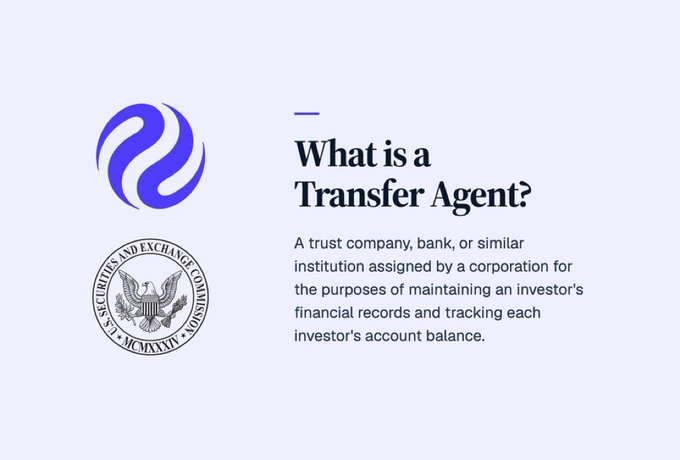 An informational slide titled 'What is a Transfer Agent?' featuring the Securities and Exchange Commission (SEC) seal and logo, defining the role as a trust company or bank maintaining investor financial records.