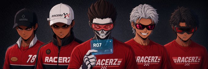An illustration of five anime-style male characters wearing red "RACERZ" team outfits and sunglasses or caps, with the central skeleton character holding up a card labeled "R07".