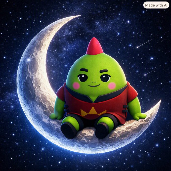 AI-generated cartoon illustration of a small green character with a red pointed hat and red outfit sitting on a crescent moon against a starry night sky, labeled 'Made with AI'.
