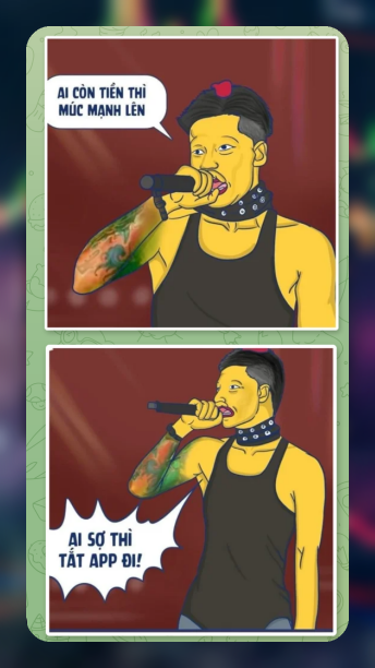 The image features a cartoon of a man with tattoos singing into a microphone. The cartoon is split into two panels, each depicting different aspects of the man's appearance or actions. In one panel, the man has a tattoo on his arm while holding a microphone in front of him. The other panel shows the same man without any tattoos and also holding a microphone. Both panels include text that reads "Al so thi tat app!", which is likely a reference to Bitcoin and Ethereum.