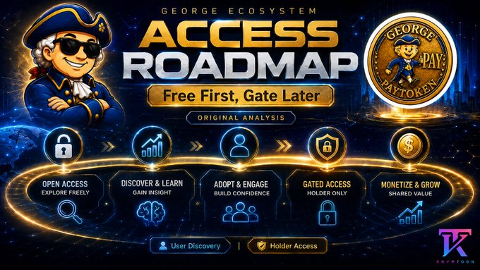 A promotional graphic titled 'GEORGE ECOSYSTEM ACCESS ROADMAP' featuring a cartoon pirate character, George Pay token logo, and a five-step process: Open Access, Discover & Learn, Adopt & Engage, Gated Access, and Monetize & Grow.