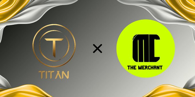 A collaboration graphic featuring the golden 'TITAN' logo on the left and 'THE MERCHANT' (MC) logo in a neon green circle on the right, separated by an X.