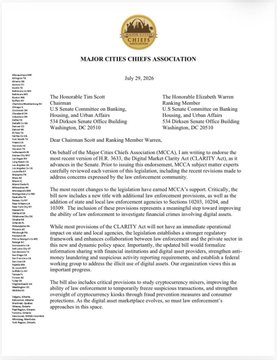 A document titled 'MAJOR CITIES CHIEFS ASSOCIATION' dated July 29, 2020, regarding an agreement between The Honorable Tim Gocke and The Honorable Elizabeth Warren regarding a Major Cities Chiefs Association statement on policing, with text addressing MCCA, use of force, and the 8 Can't Wait initiative.