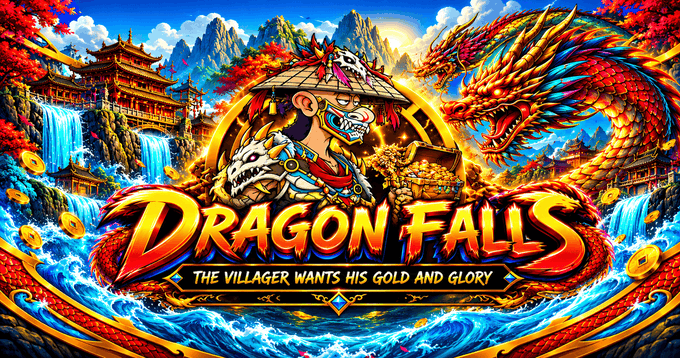 A vibrant online slot game promotional banner titled 'DRAGON FALLS' with the tagline 'THE VILLAGER WANTS HIS GOLD AND GLORY', featuring a fierce warrior in a bamboo hat facing off against a red dragon amid waterfalls and treasure.