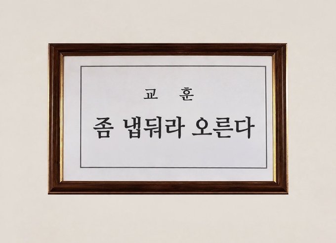 A framed sign with Korean text reading '교훈 좀 냅뒀라 오른다' mounted on a beige wall.