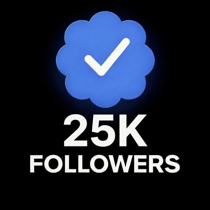 A blue verification checkmark icon inside a flower-shaped badge on a black background, with white text below reading '25K FOLLOWERS'.
