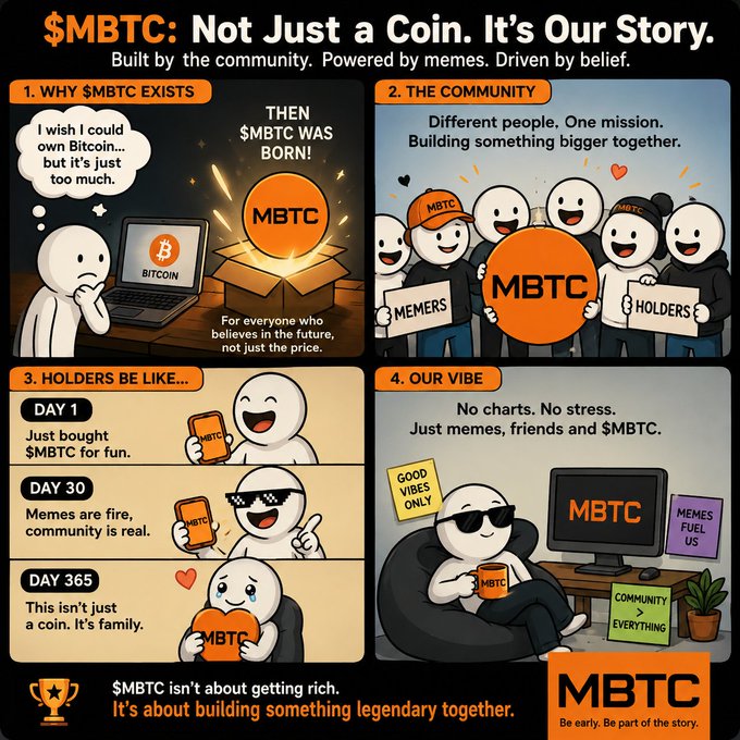 The image illustrates the origin and ethos of $MBTC, highlighting its community-driven nature, focus on memes and belief over price, and the evolution of holders' sentiment from fun to family. The visual narrative aligns perfectly with the post's message about $MBTC being created to bring smiles and build something legendary together.
