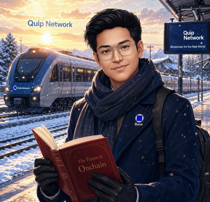 An AI-generated illustration shows a young man holding a book titled 'The Future is Onchain' at a snowy train station, with 'Quip Network' and 'Base' branding visible.