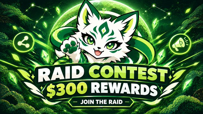 A promotional banner featuring a green and white anime-style cat character, announcing a 'RAID CONTEST' with '$300 REWARDS' and a 'JOIN THE RAID' button.