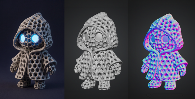 Three 3D renders of a small hooded figure with a porous, mesh-like surface shown in different lighting and color treatments, including blue glowing eyes and a normal map view.