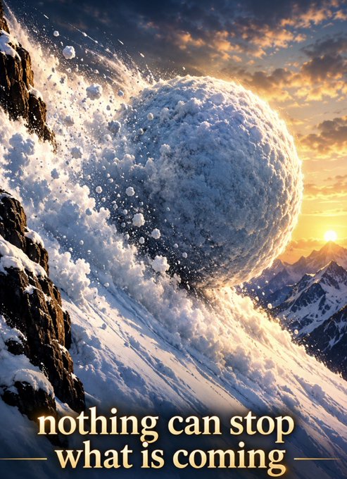 A dramatic digital artwork showing a massive snowball or avalanche crashing down a snowy mountain at sunset, with the text 'nothing can stop what is coming' overlaid at the bottom.