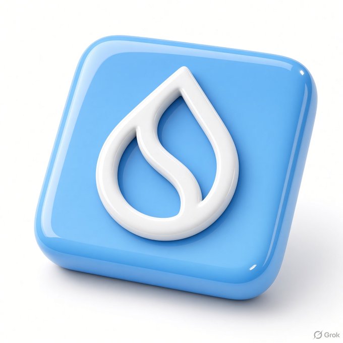 A glossy blue rounded-square icon features a white water droplet symbol with a curved inner line. The "Grok" watermark in the corner indicates the image was AI-generated to visually represent the Sui ($SUI) cryptocurrency, which is named after the Japanese word for water—fitting the droplet imagery—amid its 75% rally from August lows.