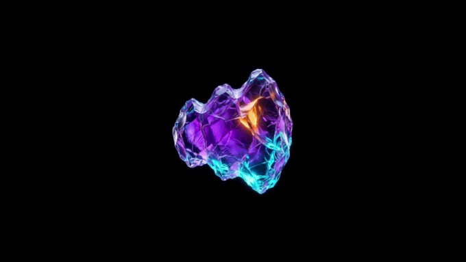 A 3D render of a glowing, faceted rock or crystal with vibrant purple, orange, and blue hues on a black background.